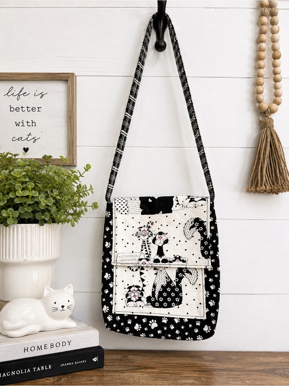 Cat Lover Crossbody Purse Black White Fabric Kitty Paw Print Bag